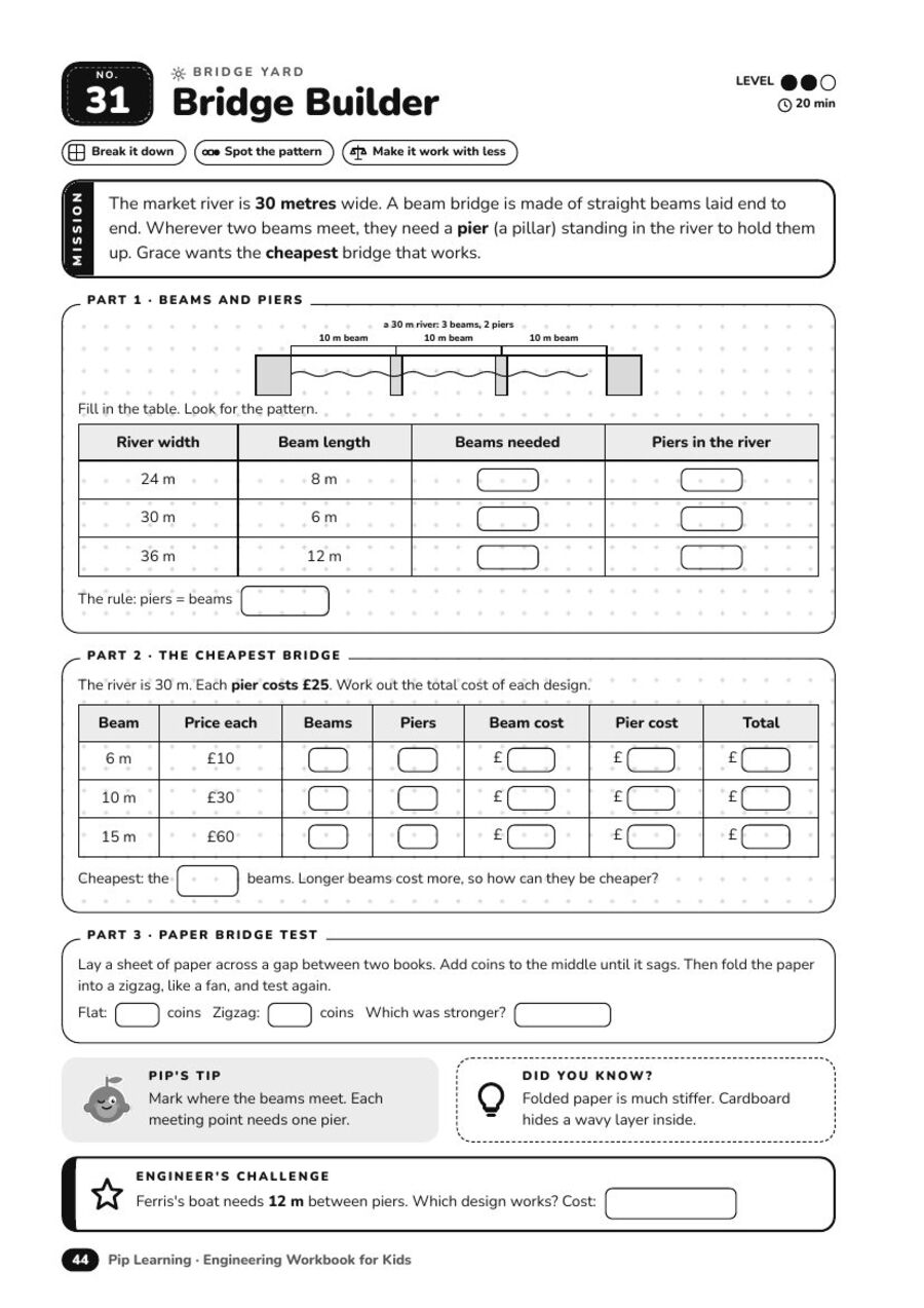 Bridge Builder activity page from the Engineering Workbook for Kids